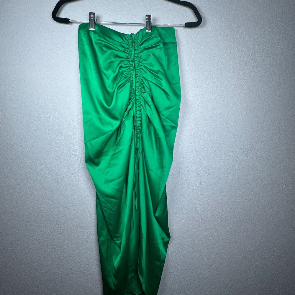 Emerald Green Satin Ruched Midi Skirt